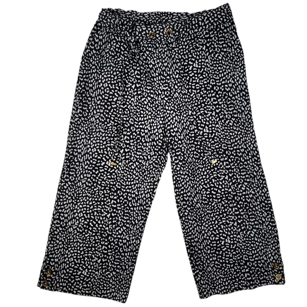 Michael Kors Women’s Cropped Pants Size L Black White Animal Print Drawstring